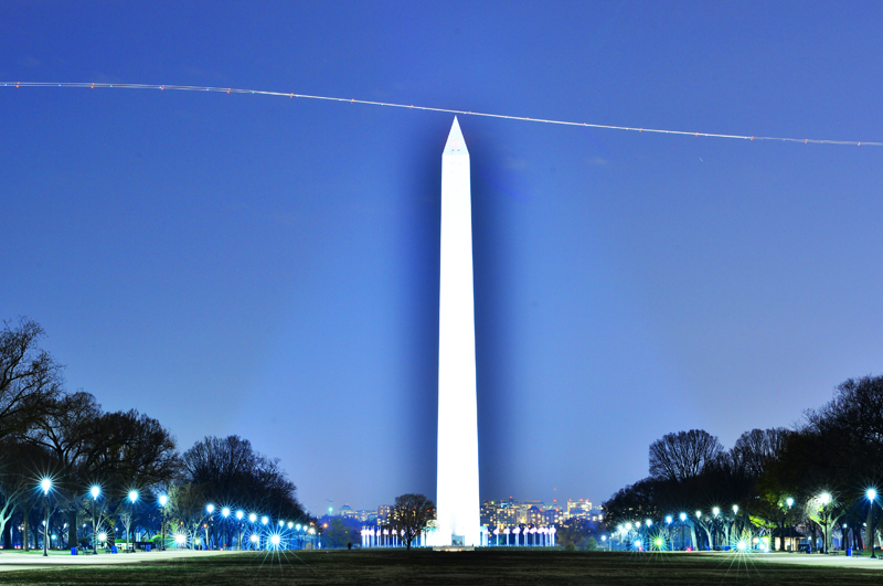 Washington Monument scan showing flight trajectory of aircraft on takeoff vector from Reagan National Airport, Washington DC 11-30-2012